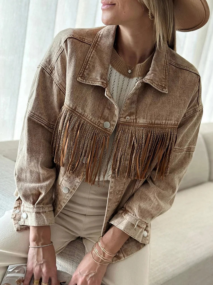 Denim Jackets- Retro Denim Women Jacket Autumn Winter Frills- Khaki- IndioGear.com