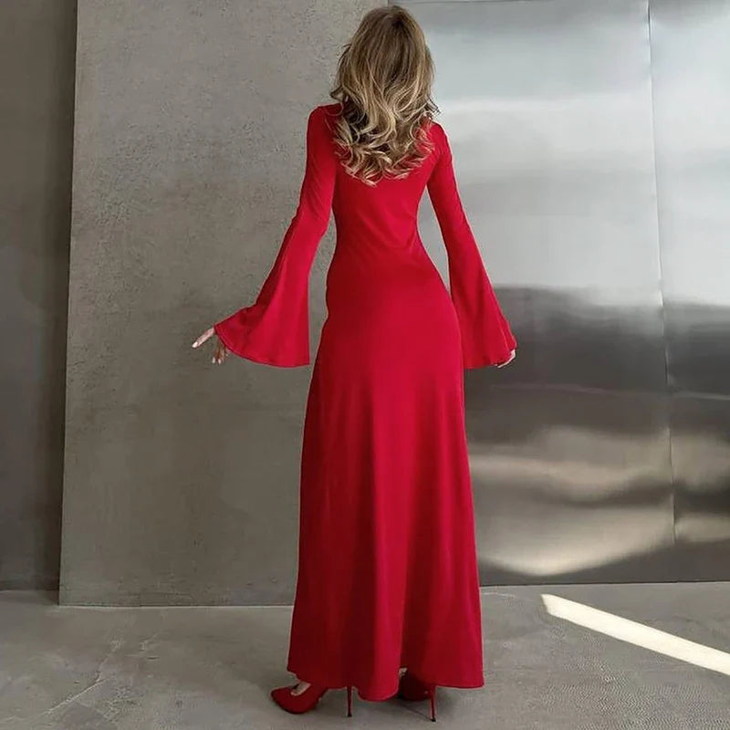 Evening Gown- Glamorous High Slit Maxi Dress with Flare Sleeves – Perfect for Parties 🎉✨- - IndioGear Women Clothing