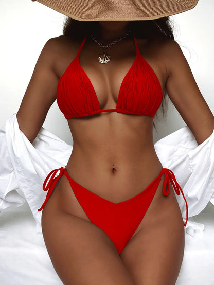 Swimwear- Women's Contrast Binding Swimsuit - Sparkle String Bikini- Red- IndioGear.com