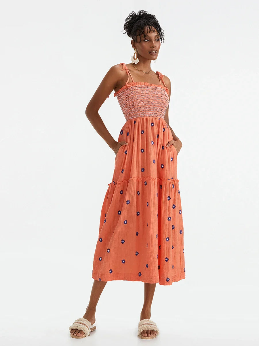 Vacation Dresses- Floral Embroidered Midi Dress for Summer Casual Evenings- Orange- IndioGear.com