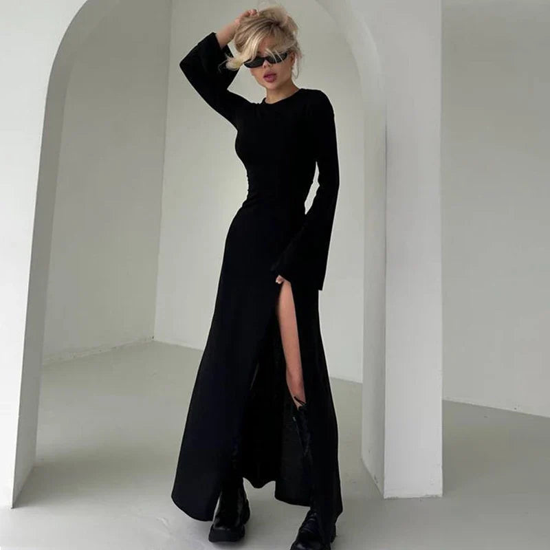 Evening Gown- Glamorous High Slit Maxi Dress with Flare Sleeves – Perfect for Parties 🎉✨- - IndioGear Women Clothing