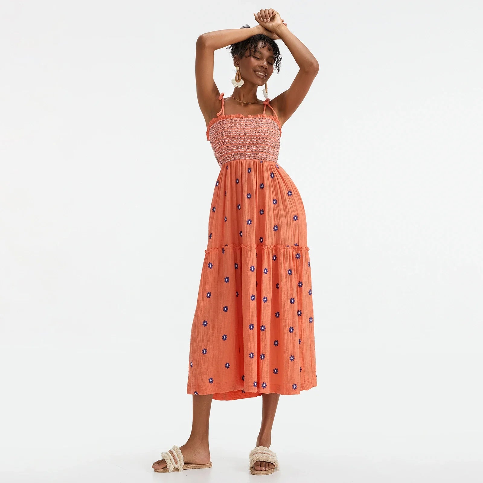 Vacation Dresses- Floral Embroidered Midi Dress for Summer Casual Evenings- - IndioGear.com