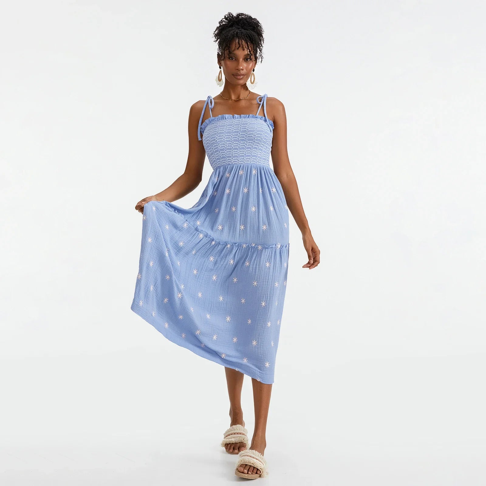 Vacation Dresses- Floral Embroidered Midi Dress for Summer Casual Evenings- - IndioGear.com