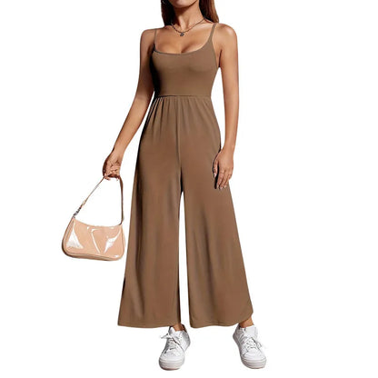 Jumpsuits- Casual Taupe Jumpsuit for Artistic Outings- Coffee- IndioGear Women Clothing