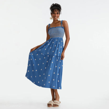 Vacation Dresses- Floral Embroidered Midi Dress for Summer Casual Evenings- - IndioGear.com