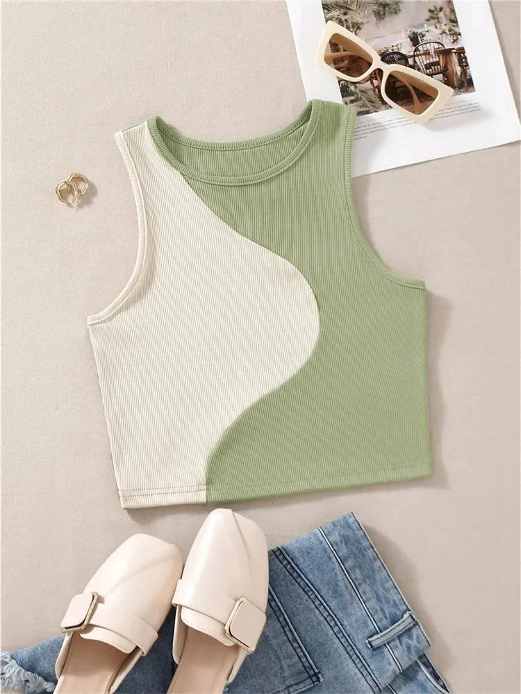 Crop Tops- Patchwork Rib Knit Sleeveless Crop Top - Tank Top Tee- green- IndioGear.com