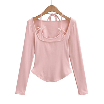 Halter Tops- Halter Crop Top Faux 2 Pieces Long Sleeve- - IndioGear.com