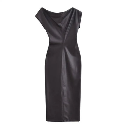 Bodycon dresses- Elegant Winter Faux Leather Cocktail Dress- Black- IndioGear Women Clothing