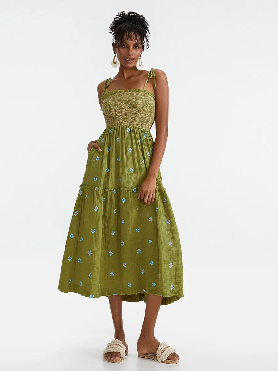 Vacation Dresses- Floral Embroidered Midi Dress for Summer Casual Evenings- Olive Green- IndioGear.com