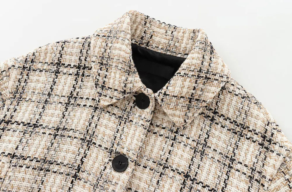 Boucle Jackets- Tweed Boucle Workwear Winter Plaid Cropped Jacket- - IndioGear Women Clothing