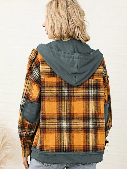 Plaid Jackets- Orange Plaid Hooded Jacket Snap Button Elbow Pads- - IndioGear.com