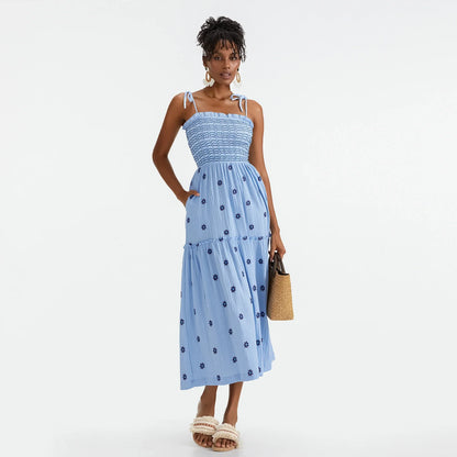 Vacation Dresses- Floral Embroidered Midi Dress for Summer Casual Evenings- - IndioGear.com