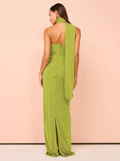 Evening Gown- Backless Halter Ruched Maxi Dress for Evening Parties- - IndioGear Women Clothing