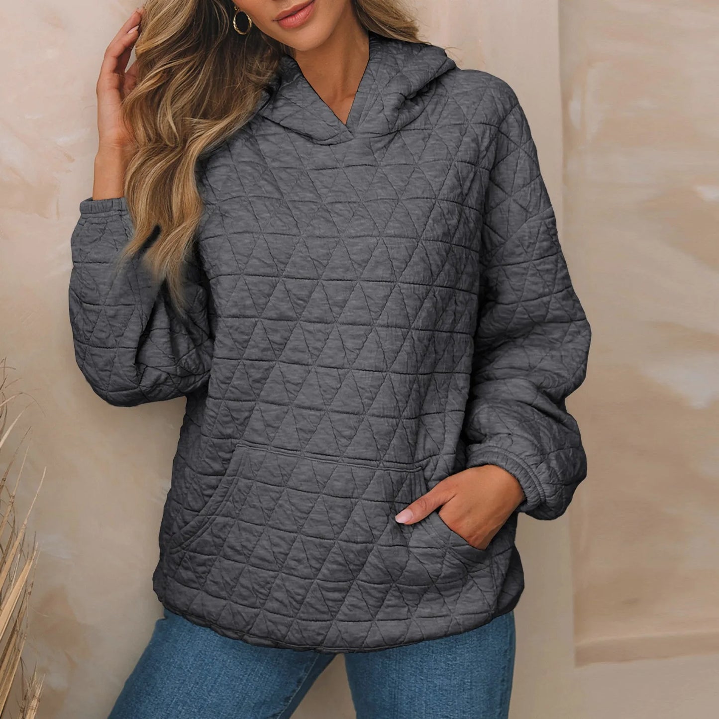 Sweatshirts- Sweatshirt Quilted Hoodie Kangaroo Pouch- Dark Gray- IndioGear.com