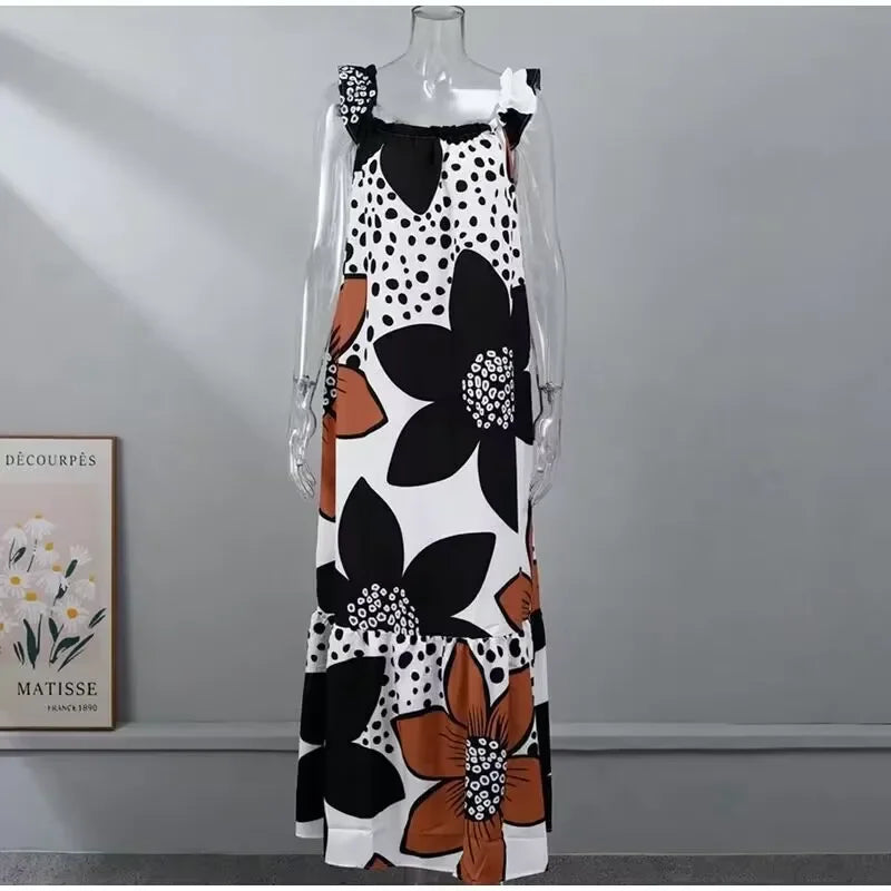 Prête pour les vacances : robe longue florale à épaules dénudées et gros volants