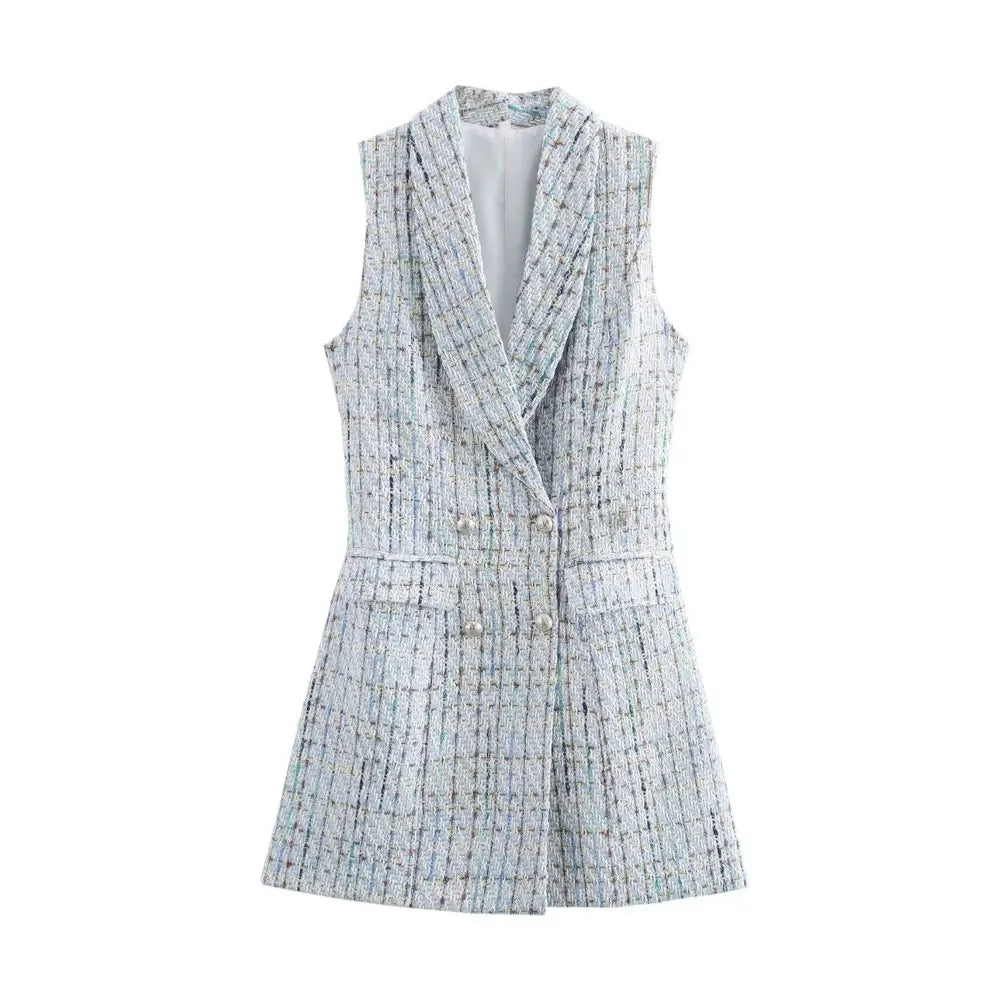 Blazer Dresses- Speckled Tweed Blazer Dress for Corporate Events- Blue- IndioGear Women Clothing