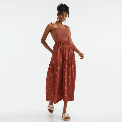 Vacation Dresses- Floral Embroidered Midi Dress for Summer Casual Evenings- - IndioGear.com