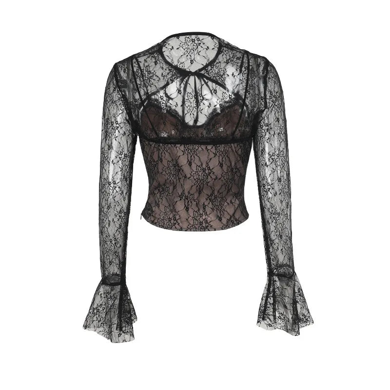 Sheer Tops- Sheer Lace Top with Flare Sleeves – Date Night Ready 💫- - IndioGear Women Clothing