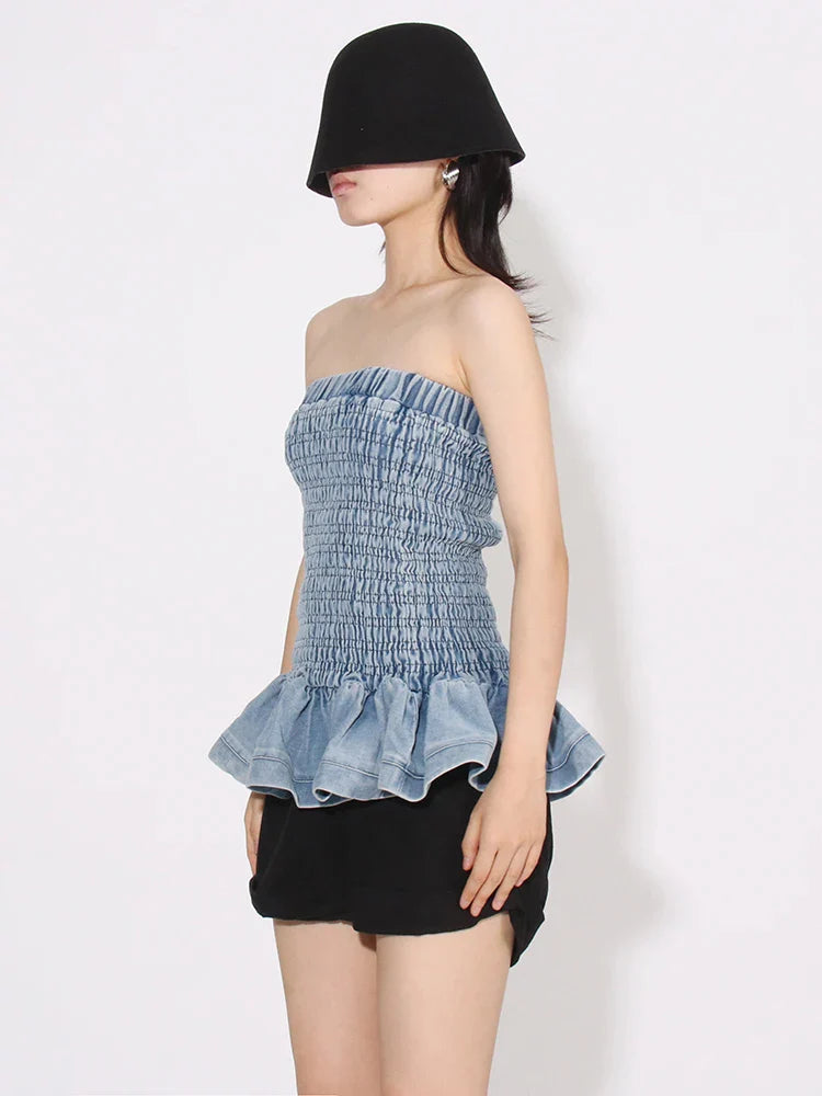 Tube Tops- Denim Tube Top with Ruffle Hem- - IndioGear.com