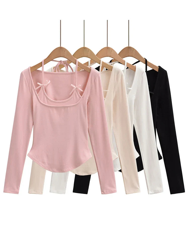 Halter Tops- Halter Crop Top Faux 2 Pieces Long Sleeve- - IndioGear.com