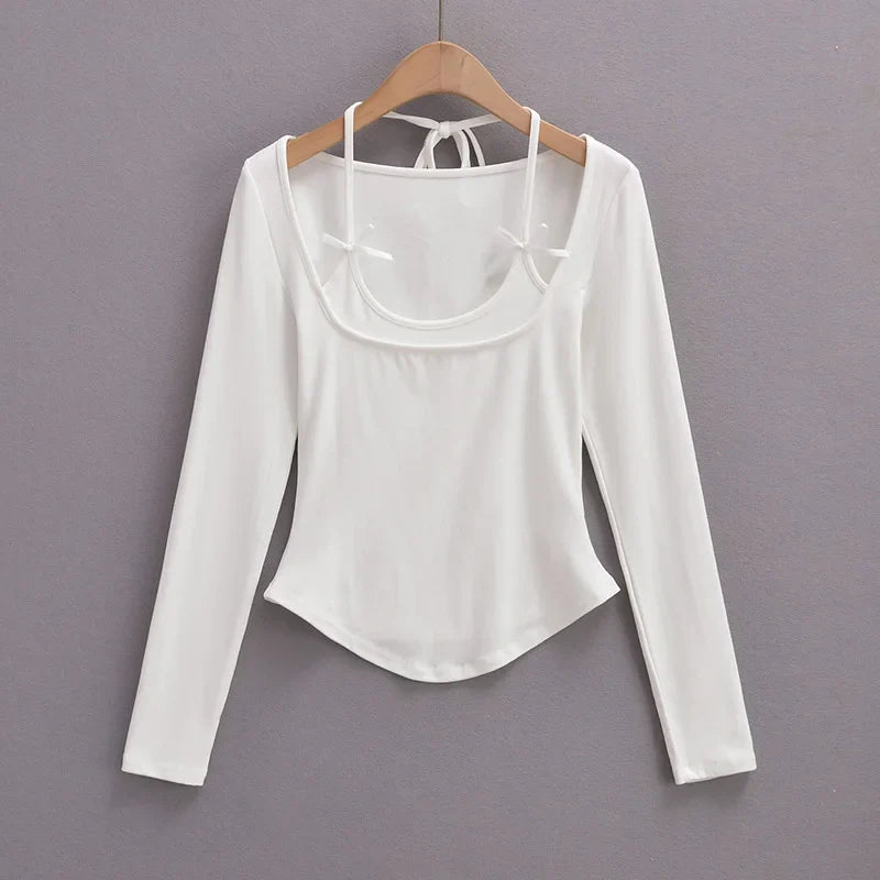 Halter Tops- Halter Crop Top Faux 2 Pieces Long Sleeve- - IndioGear.com