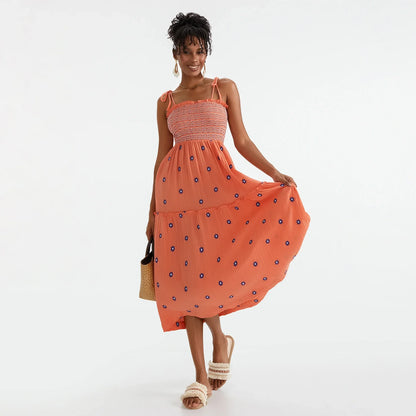 Vacation Dresses- Floral Embroidered Midi Dress for Summer Casual Evenings- - IndioGear.com