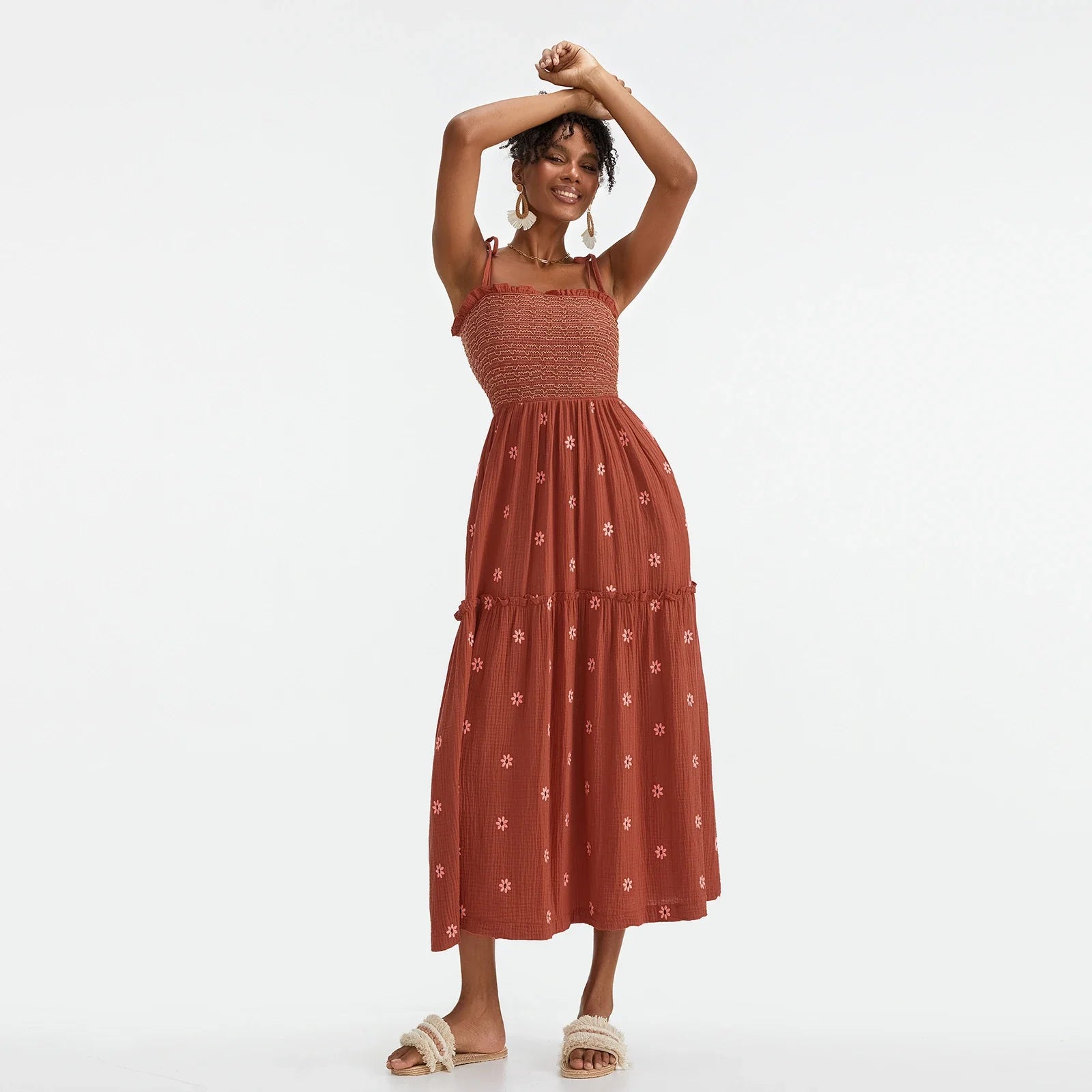 Vacation Dresses- Floral Embroidered Midi Dress for Summer Casual Evenings- - IndioGear.com