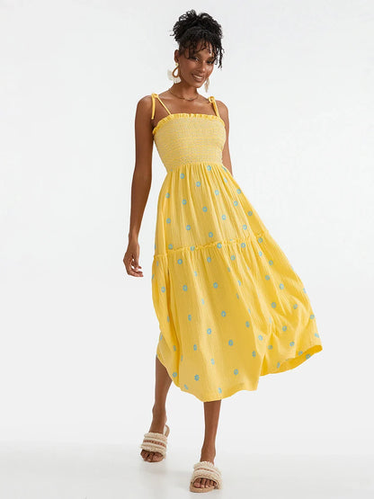 Vacation Dresses- Floral Embroidered Midi Dress for Summer Casual Evenings- Yellow- IndioGear.com