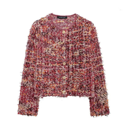 Cardigans- Multicolor Tweed Knit Cardigan Fluffy Office Knitwear- Multicolor- IndioGear Women Clothing