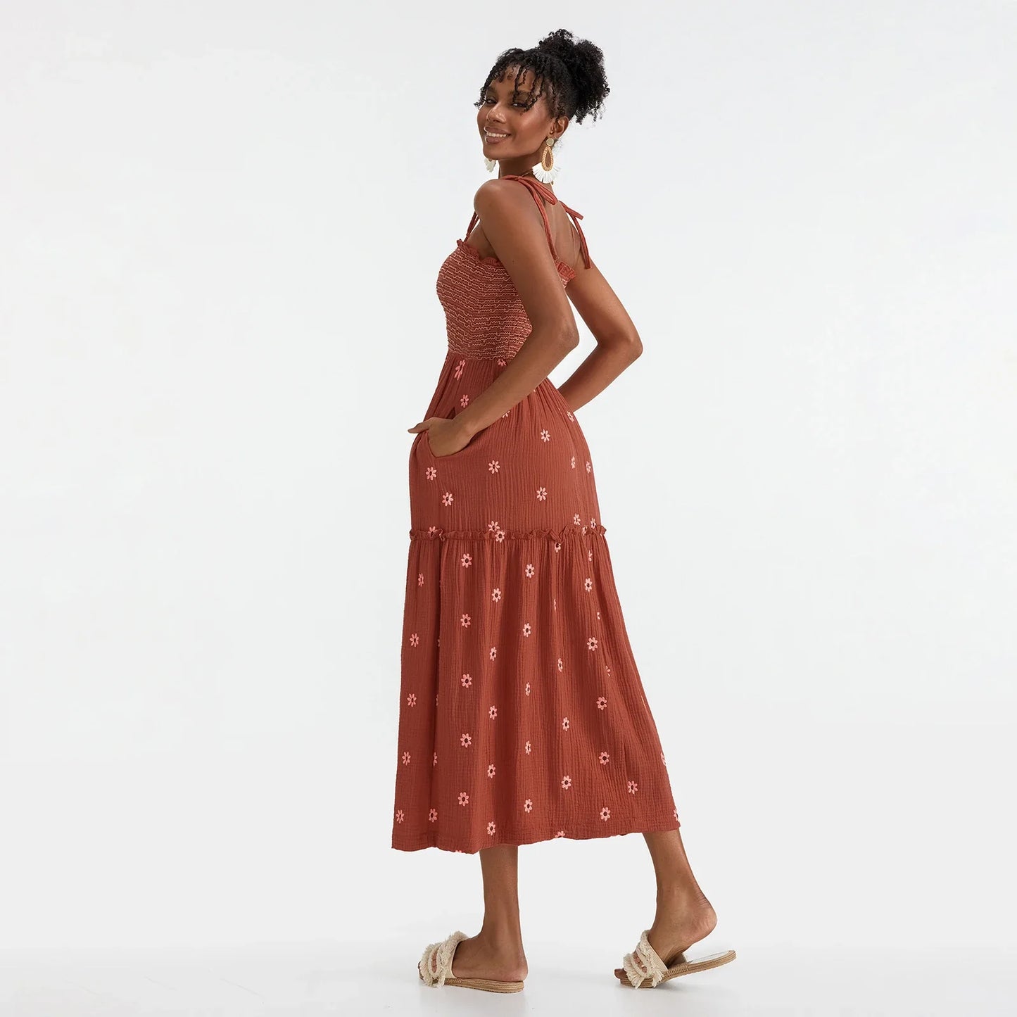 Vacation Dresses- Floral Embroidered Midi Dress for Summer Casual Evenings- - IndioGear.com