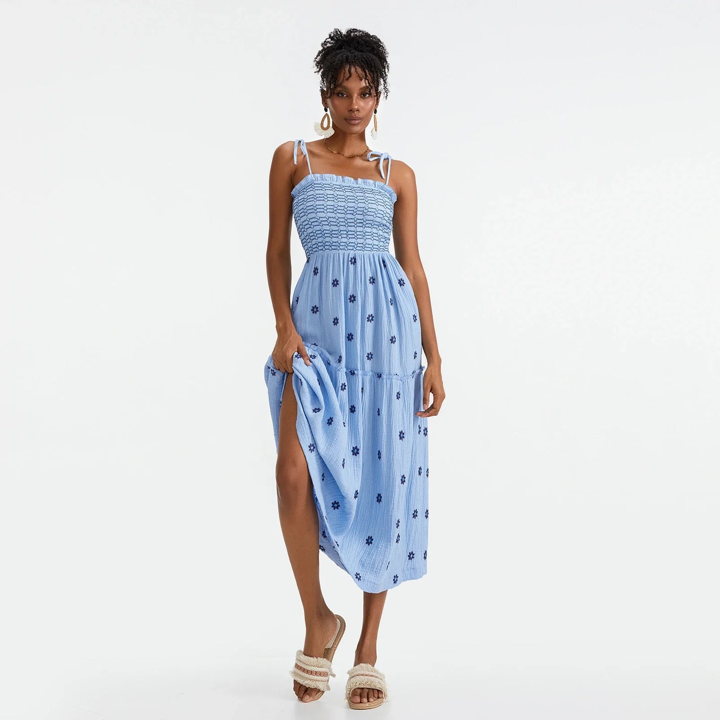 Vacation Dresses- Floral Embroidered Midi Dress for Summer Casual Evenings- - IndioGear.com