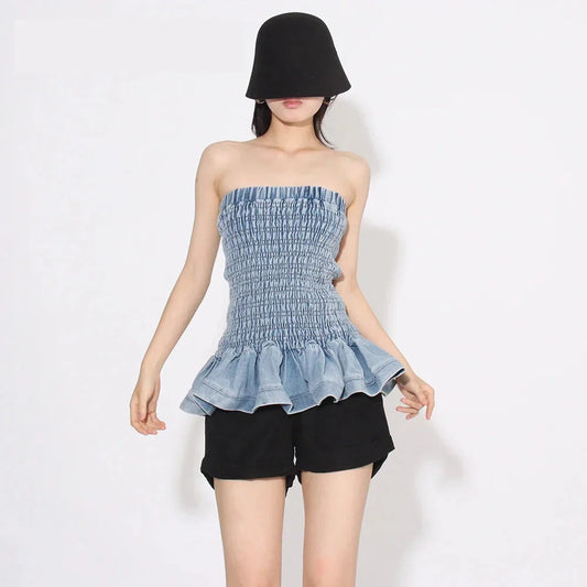 Tube Tops- Denim Tube Top with Ruffle Hem- Blue- IndioGear.com