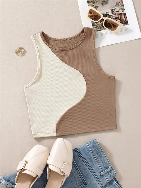 Crop Tops- Patchwork Rib Knit Sleeveless Crop Top - Tank Top Tee- Light Brown- IndioGear.com