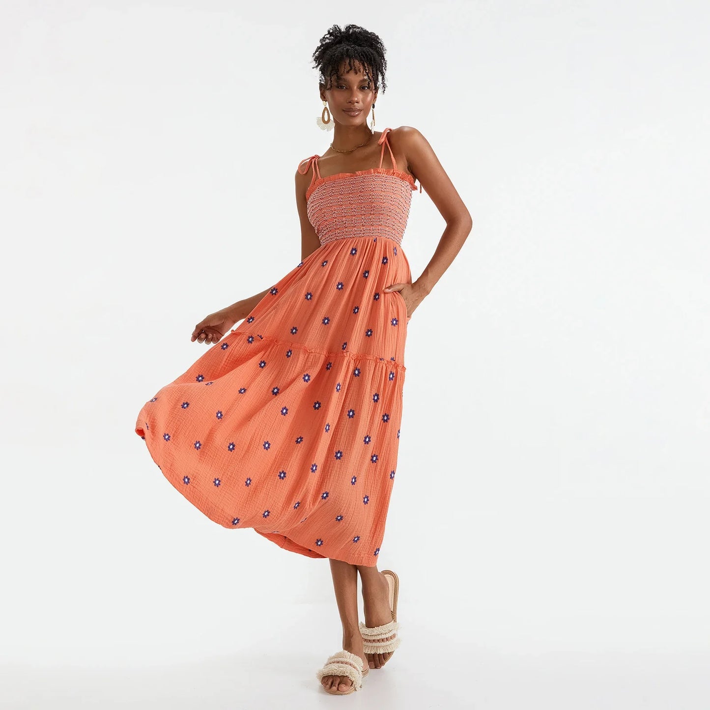 Vacation Dresses- Floral Embroidered Midi Dress for Summer Casual Evenings- - IndioGear.com