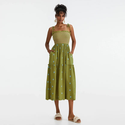 Vacation Dresses- Floral Embroidered Midi Dress for Summer Casual Evenings- - IndioGear.com