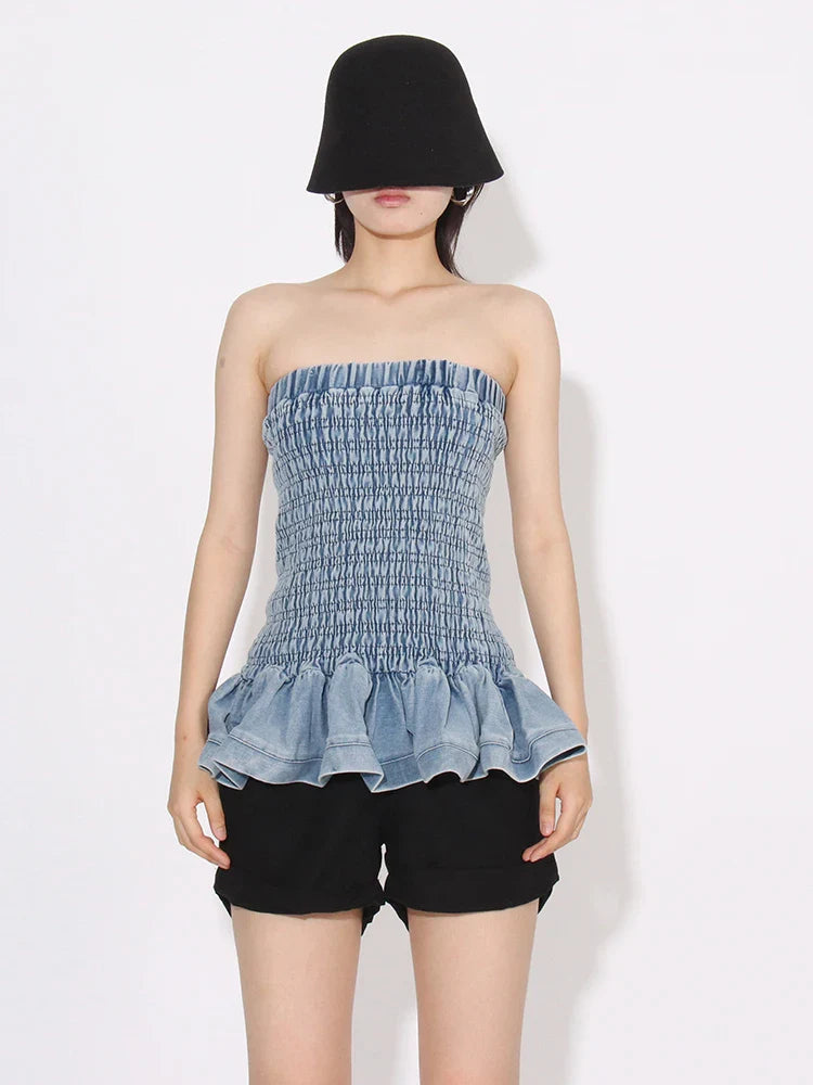 Tube Tops- Denim Tube Top with Ruffle Hem- - IndioGear.com