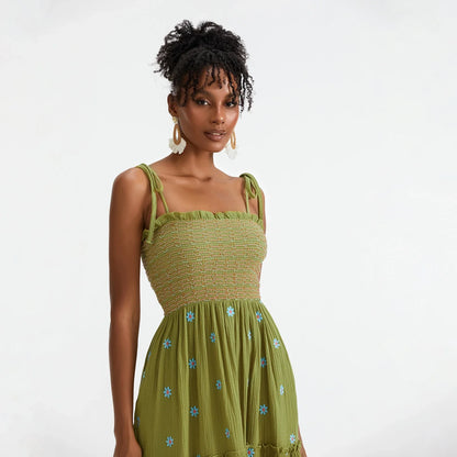 Vacation Dresses- Floral Embroidered Midi Dress for Summer Casual Evenings- - IndioGear.com