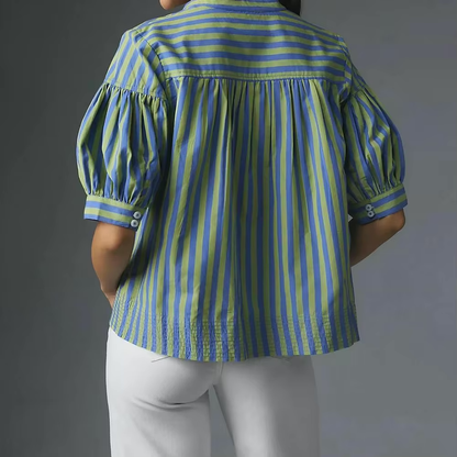 Blouses- Two Tone Striped Print Lantern Sleeve V-neck Blouse- - IndioGear.com