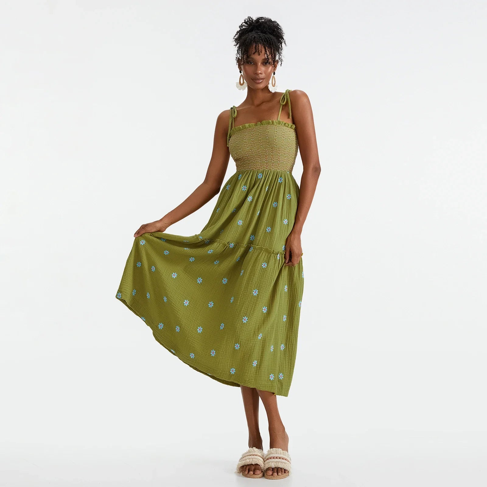 Vacation Dresses- Floral Embroidered Midi Dress for Summer Casual Evenings- - IndioGear.com