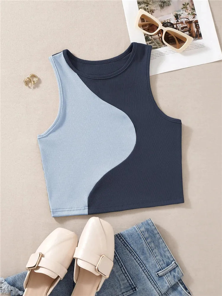 Crop Tops- Patchwork Rib Knit Sleeveless Crop Top - Tank Top Tee- - IndioGear.com