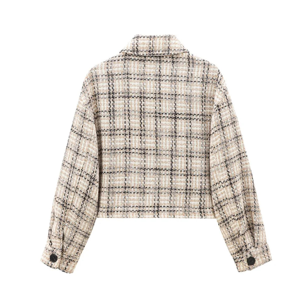 Boucle Jackets- Tweed Boucle Workwear Winter Plaid Cropped Jacket- - IndioGear Women Clothing