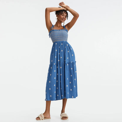 Vacation Dresses- Floral Embroidered Midi Dress for Summer Casual Evenings- - IndioGear.com