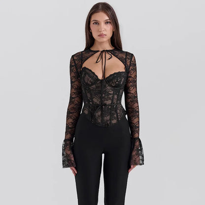 Sheer Tops- Sheer Lace Top with Flare Sleeves – Date Night Ready 💫- - IndioGear Women Clothing