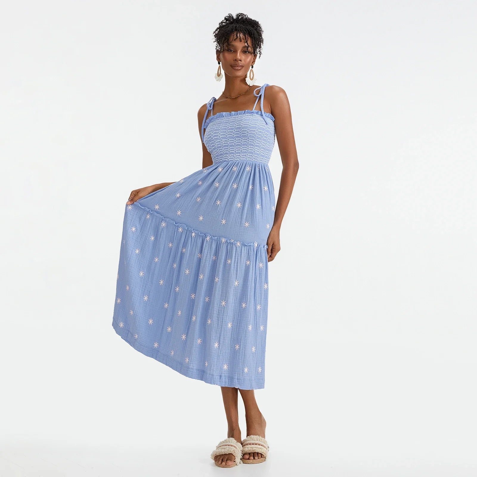 Vacation Dresses- Floral Embroidered Midi Dress for Summer Casual Evenings- - IndioGear.com