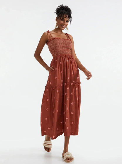 Vacation Dresses- Floral Embroidered Midi Dress for Summer Casual Evenings- - IndioGear.com