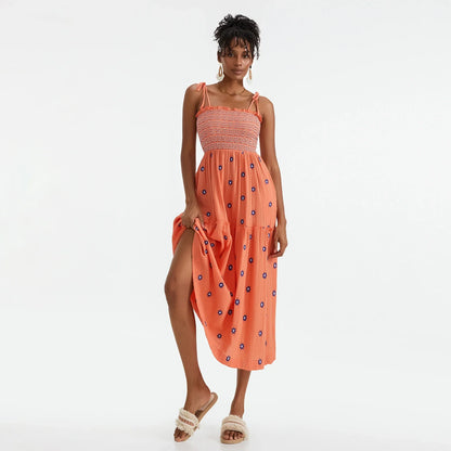 Vacation Dresses- Floral Embroidered Midi Dress for Summer Casual Evenings- - IndioGear.com