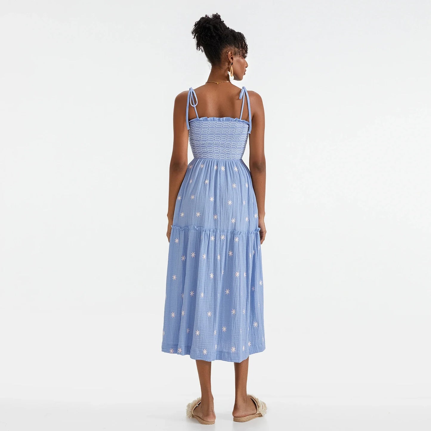 Vacation Dresses- Floral Embroidered Midi Dress for Summer Casual Evenings- - IndioGear.com