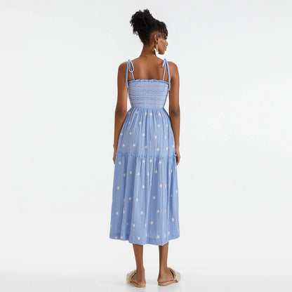 Vacation Dresses- Floral Embroidered Midi Dress for Summer Casual Evenings- - IndioGear.com