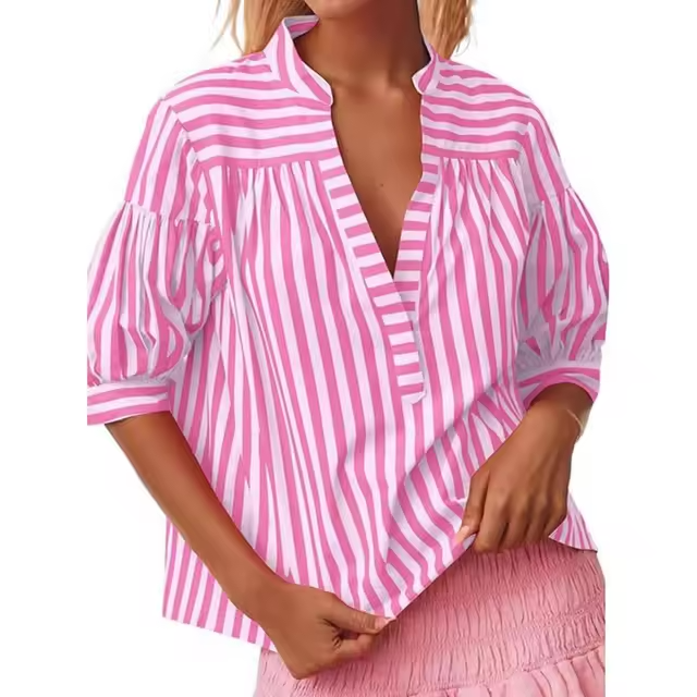 Blouses- Two Tone Striped Print Lantern Sleeve V-neck Blouse- Pink- IndioGear.com