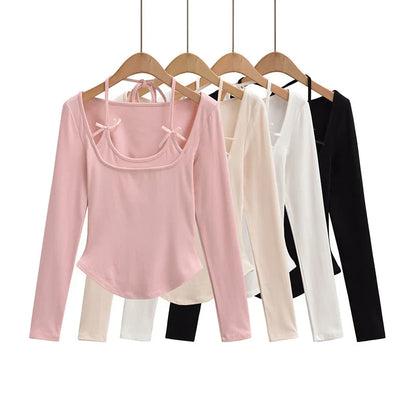 Halter Tops- Halter Crop Top Faux 2 Pieces Long Sleeve- - IndioGear.com